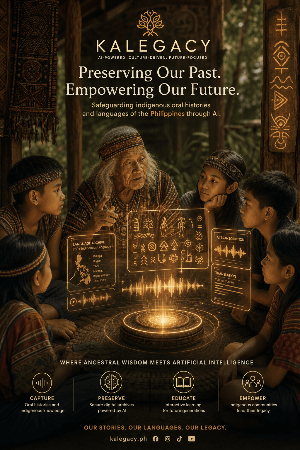 Indigenous elder sharing ancestral oral history with youth through AI-powered digital hologram, representing Kalegacy's mission to preserve cultural heritage through technology