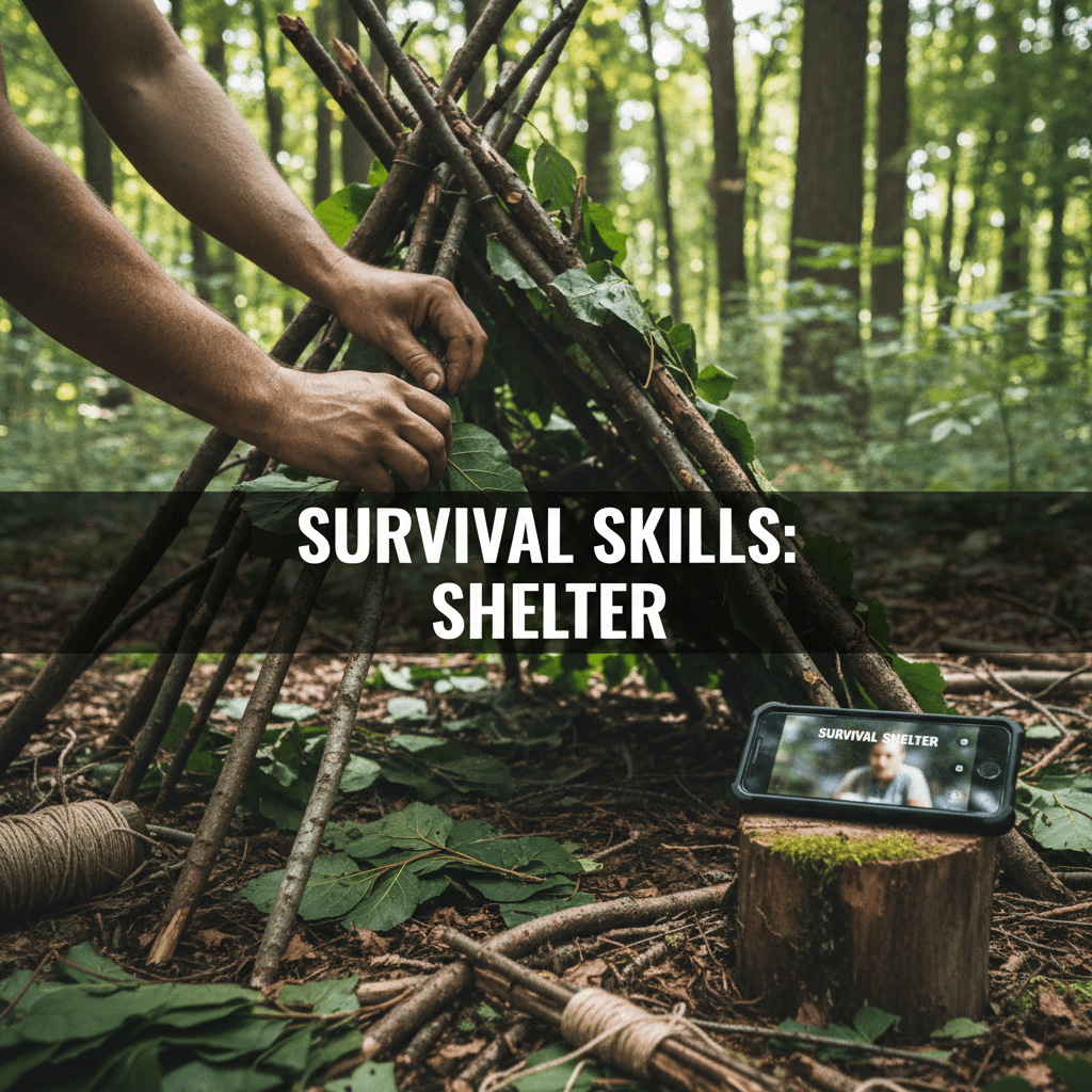 Hands building a shelter in the forest with a smartphone recording the process
