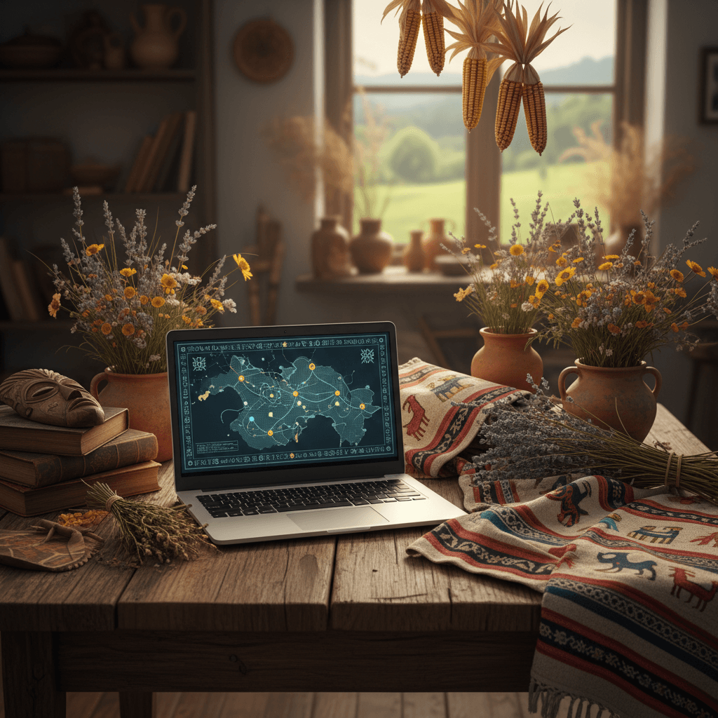 Open laptop on a wooden table with traditional textiles and dried plants nearby