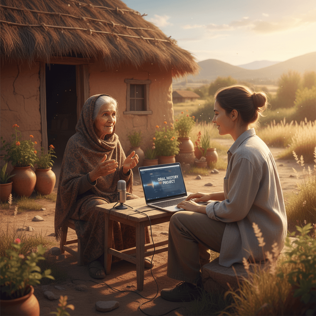 An elder speaking to a younger person with a laptop open, recording oral history