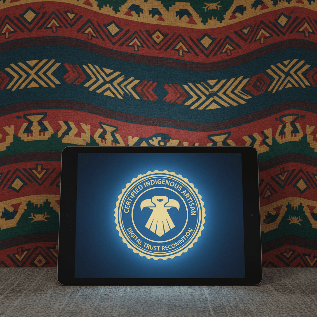 Digital certificate badge on a tablet with indigenous geometric patterns