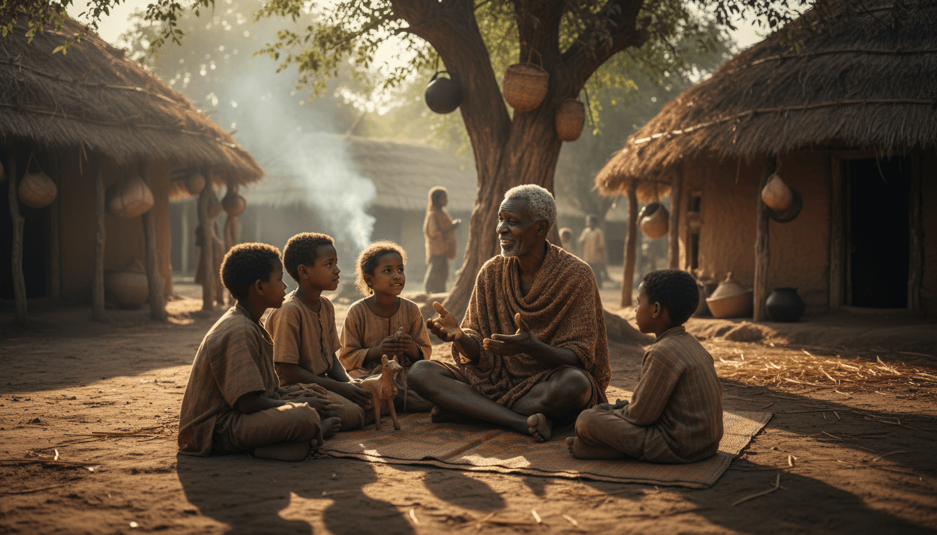 Elder sharing oral history with young students in a rural Philippines village