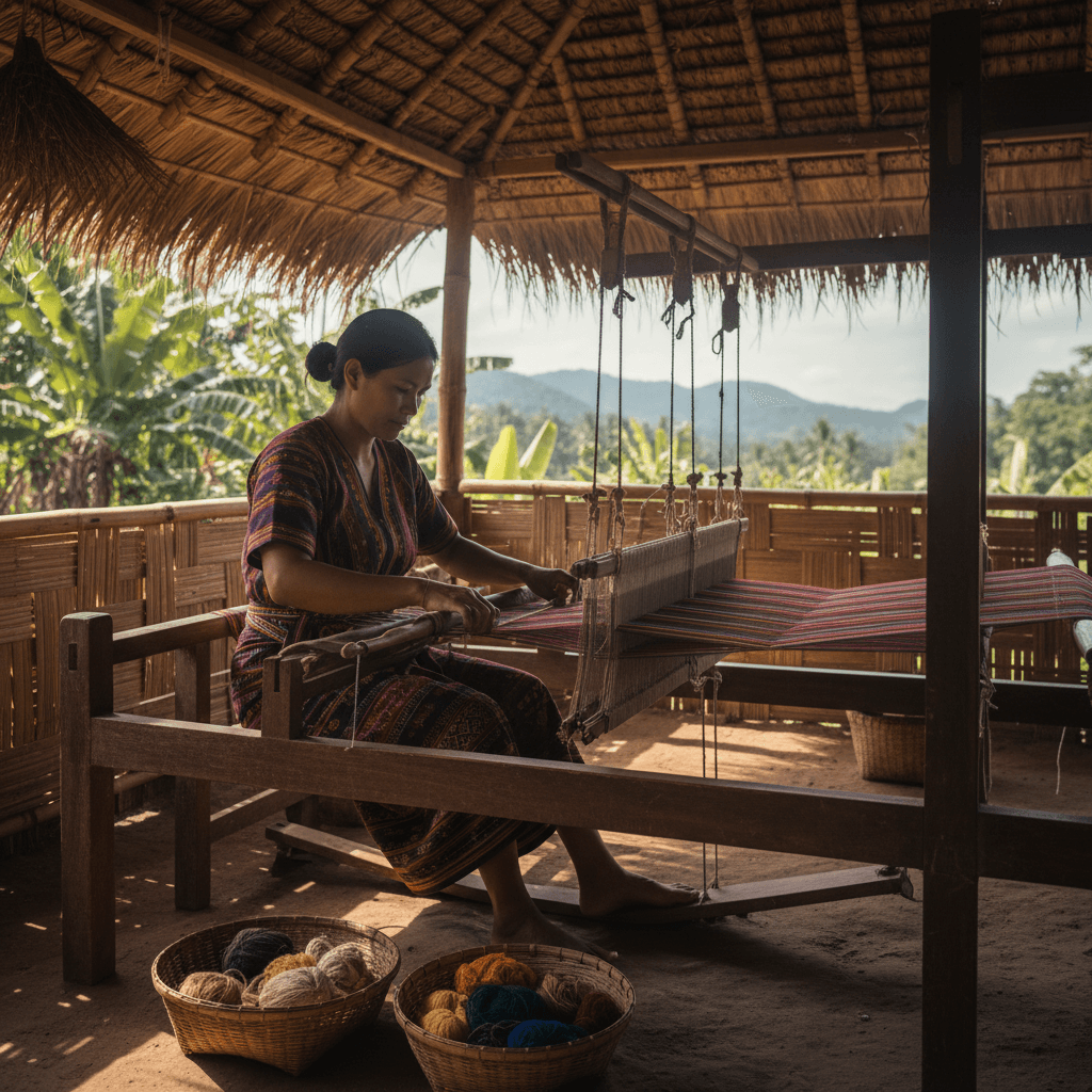Artisan weaving traditional Filipino fabric on a wooden loom outdoors