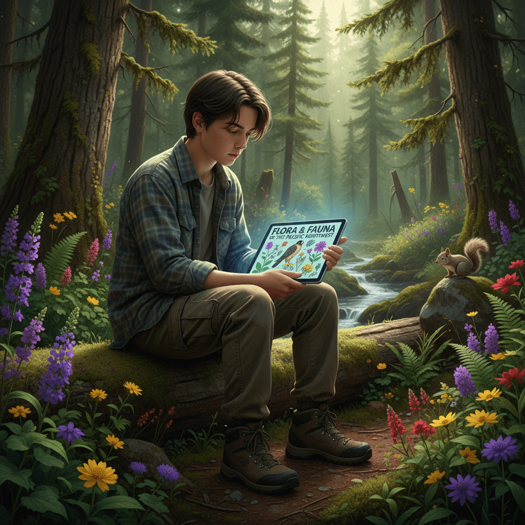 Student studying traditional plants and wildlife through digital tablet in natural outdoor setting