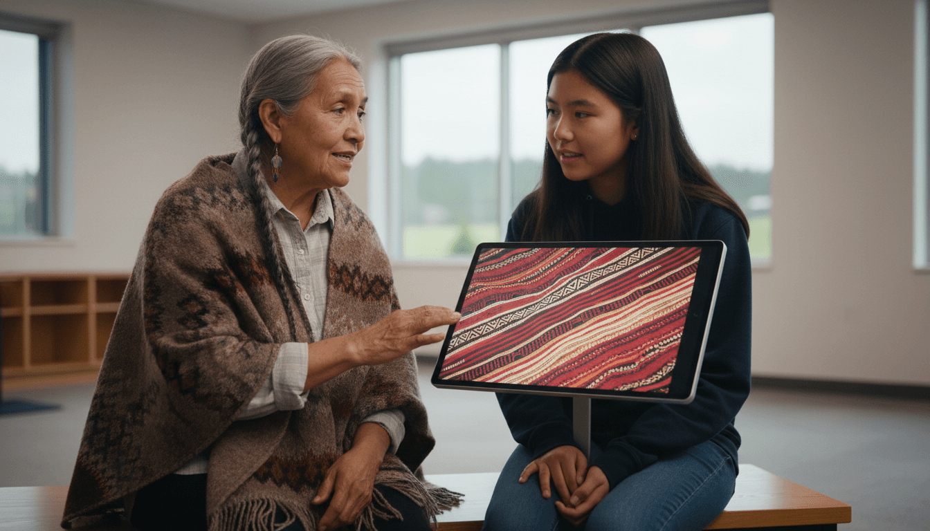 An elder and a young person looking at a digital tablet showing indigenous patterns and symbols, with warm natural light.