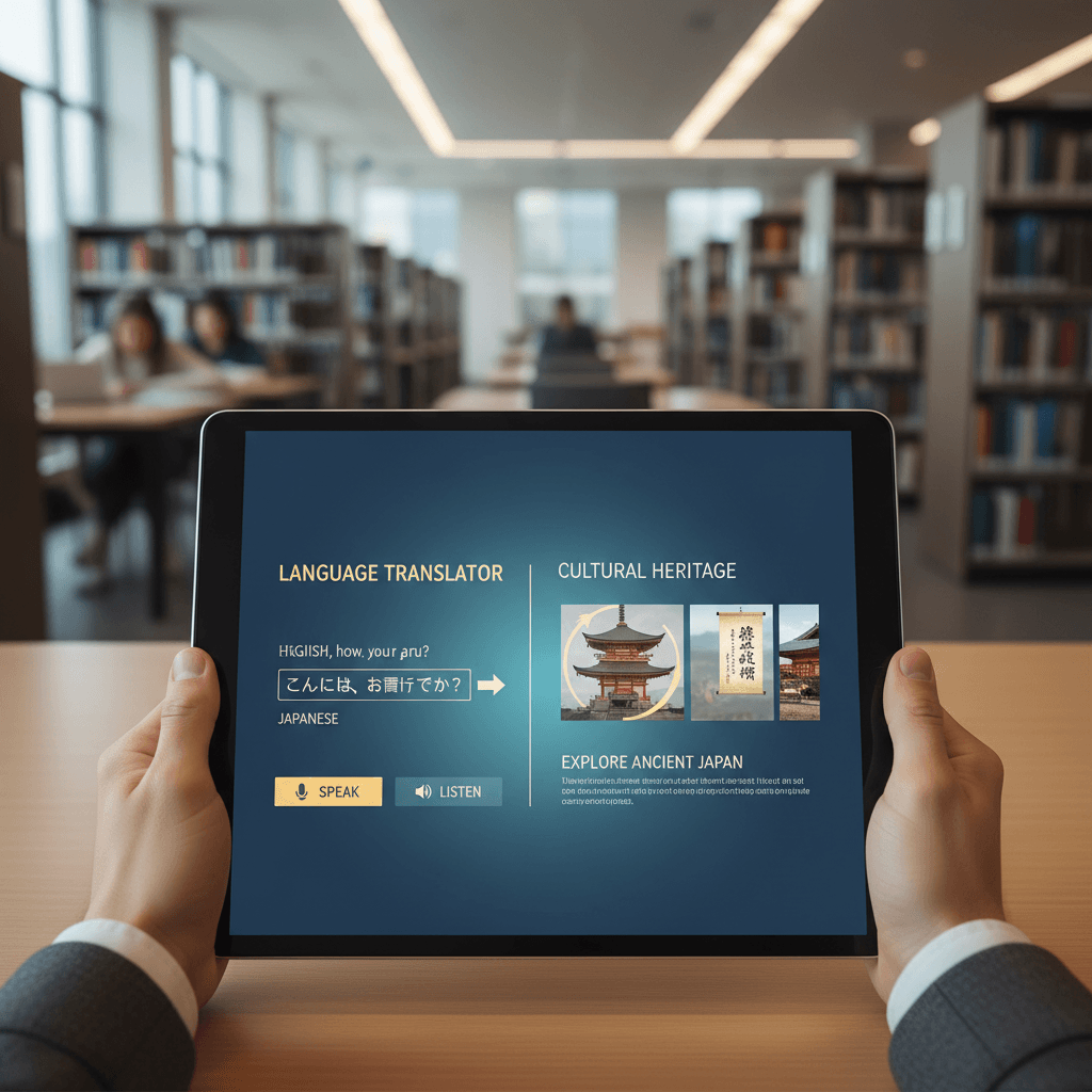 Digital interface displaying language translation and cultural heritage content on a tablet