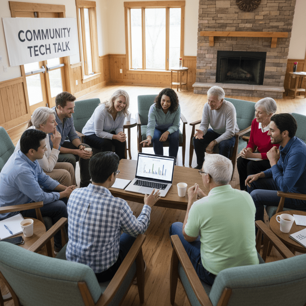 Group of people sitting in a circle discussing around a laptop in a community hall