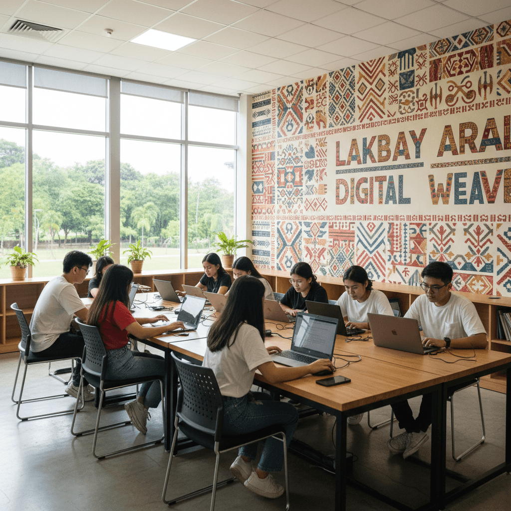 Students learning with laptops in a classroom decorated with indigenous textile patterns