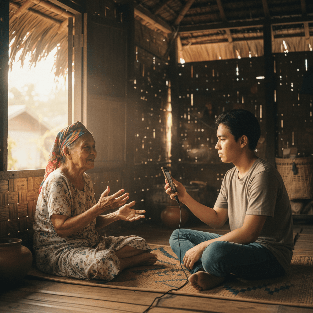 Elder sharing oral history while a young person records it on a smartphone in a traditional Filipino home