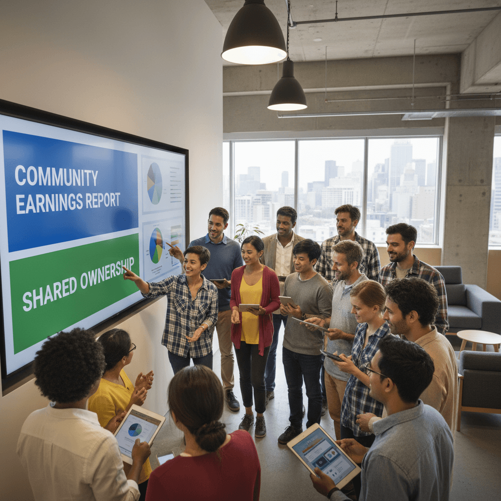 Community members gathered around digital display discussing earnings and ownership