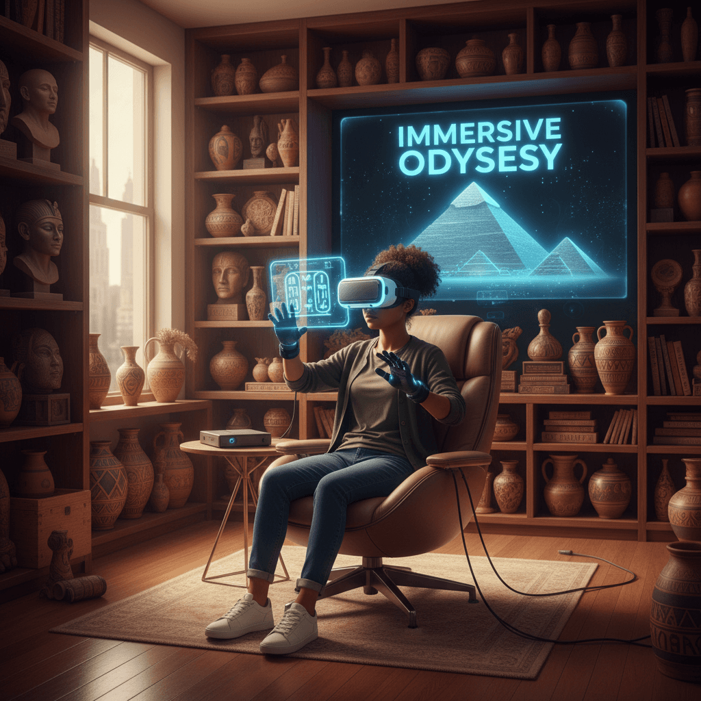 Young person using a VR headset surrounded by cultural artifacts