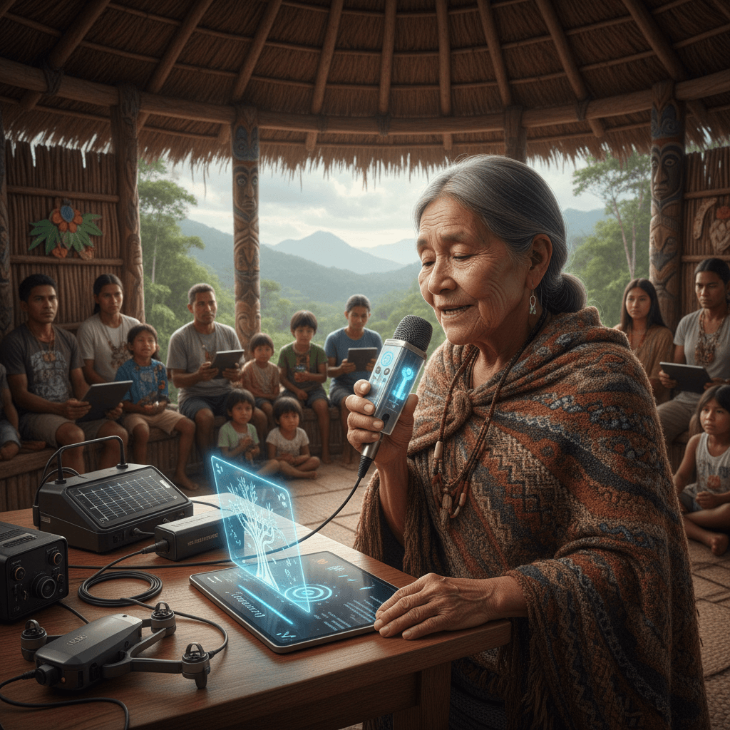 Elder speaking into recording device with modern technology in indigenous community setting