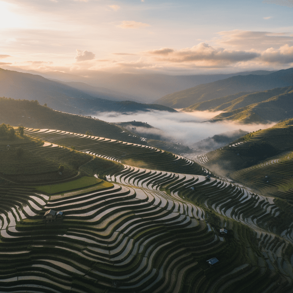 Aerial view of Philippine rice terraces with green landscape and morning mist