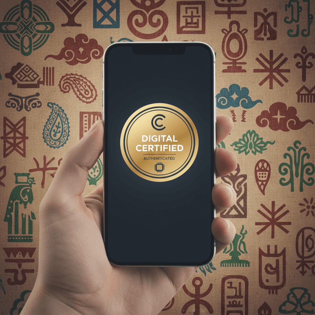 Digital certificate badge on smartphone with traditional cultural symbols in background