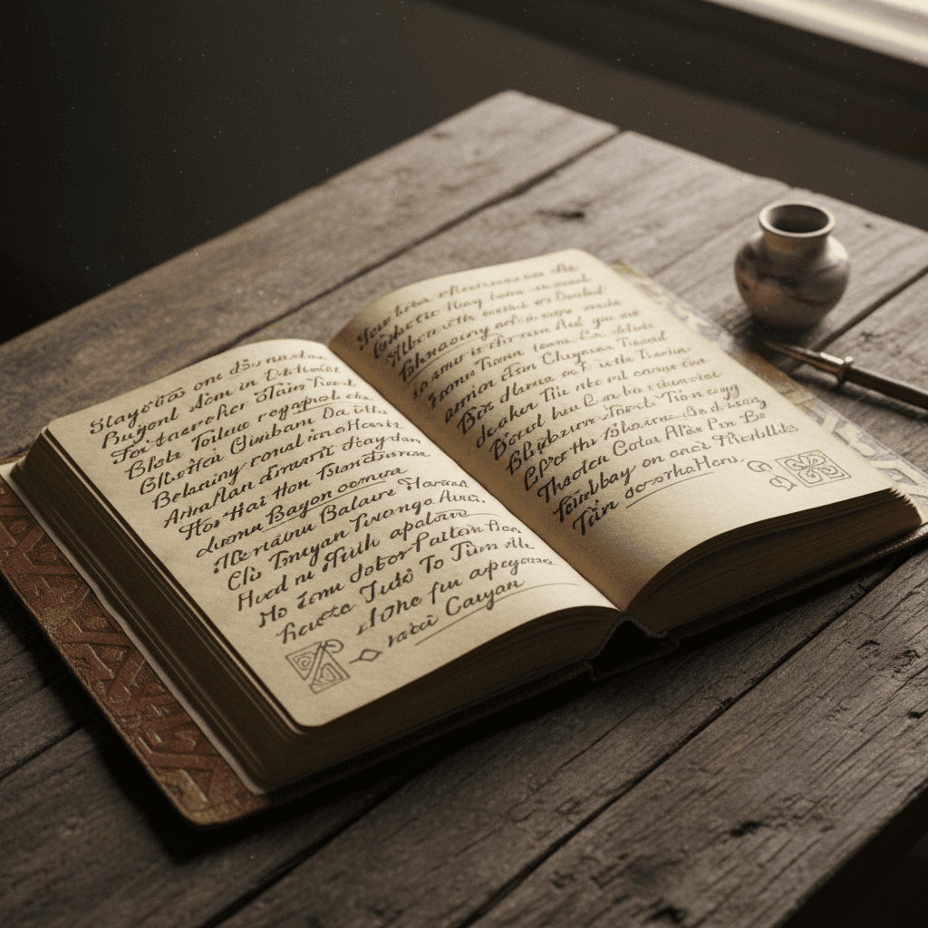 Close-up of an old notebook with Baybayin script on a wooden table