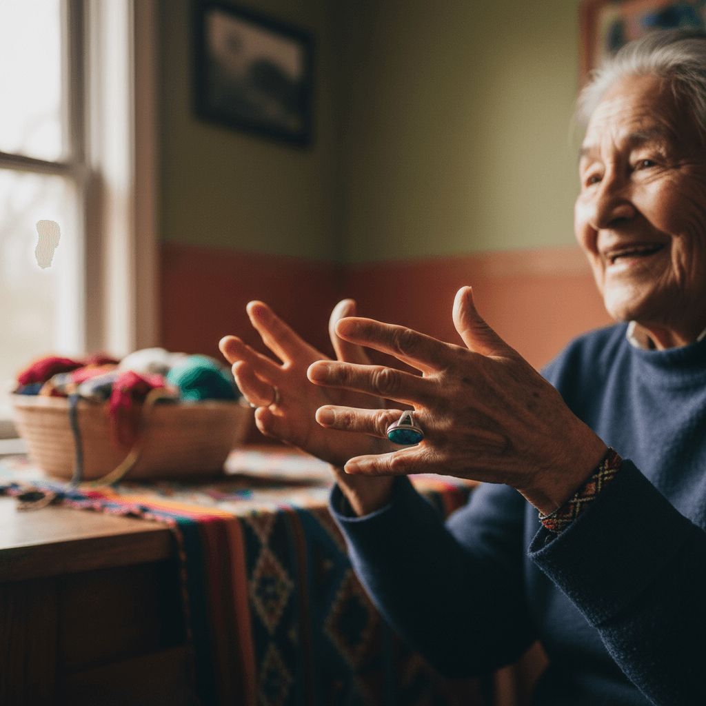 Indigenous elder sharing oral history with younger generation