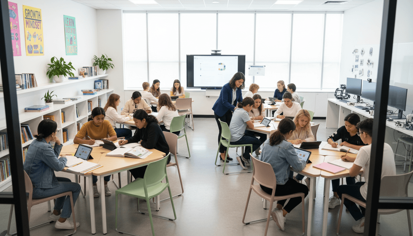 Bright classroom with wooden desks and large windows overlooking tropical trees