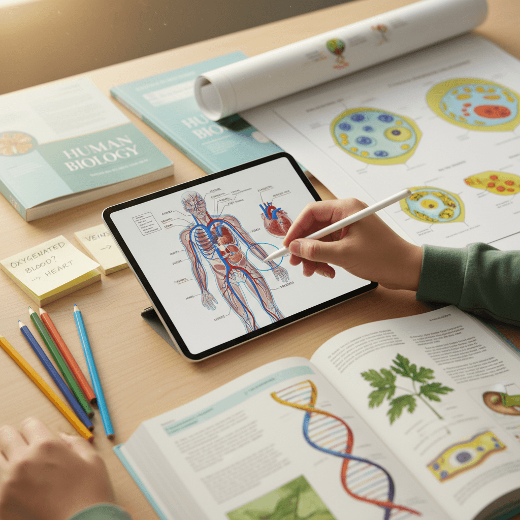 A student studying biology on a digital tablet that displays plant diagrams in a bright classroom