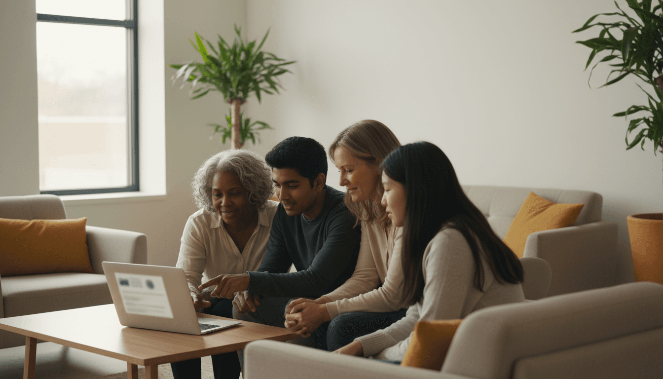A group of indigenous community members gathered around a large digital screen displaying an archive interface